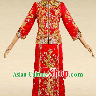 Traditional Ancient Chinese Costume Hot Fix Rhinestone Xiuhe Suits, Chinese Style Wedding Bride Full Dress, Restoring Ancient Women Red Embroidered Dragon and Phoenix Slim Flown, Bride Toast Cheongsam for Women