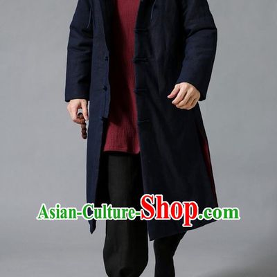 Top Chinese National Tang Suits Flax Frock Costume, Martial Arts Kung Fu Front Opening Purplish Blue Coats, Kung fu Plate Buttons Unlined Upper Garment Hooded Robes, Chinese Taichi Cotton-Padded Dust Coats Wushu Clothing for Men