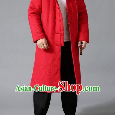 Top Chinese National Tang Suits Flax Frock Costume, Martial Arts Kung Fu Front Opening Red Coats, Kung fu Plate Buttons Unlined Upper Garment Hooded Robes, Chinese Taichi Cotton-Padded Dust Coats Wushu Clothing for Men
