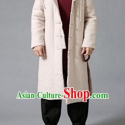 Top Chinese National Tang Suits Flax Frock Costume, Martial Arts Kung Fu Front Opening Beige Coats, Kung fu Plate Buttons Unlined Upper Garment Hooded Robes, Chinese Taichi Cotton-Padded Dust Coats Wushu Clothing for Men