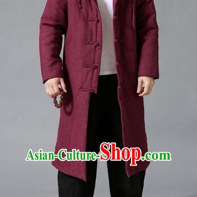 Top Chinese National Tang Suits Flax Frock Costume, Martial Arts Kung Fu Front Opening Fuchsias Coats, Kung fu Plate Buttons Unlined Upper Garment Hooded Robes, Chinese Taichi Cotton-Padded Dust Coats Wushu Clothing for Men