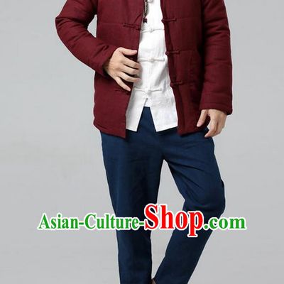 Top Chinese National Tang Suits Flax Frock Costume, Martial Arts Kung Fu Front Opening Dark Red Coats, Kung fu Plate Buttons Unlined Upper Garment Lay Buddhist Suit, Chinese Taichi Cotton-Padded Short Coats Wushu Clothing for Men