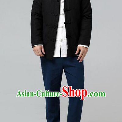 Top Chinese National Tang Suits Flax Frock Costume, Martial Arts Kung Fu Front Opening Black Coats, Kung fu Plate Buttons Unlined Upper Garment Lay Buddhist Suit, Chinese Taichi Cotton-Padded Short Coats Wushu Clothing for Men