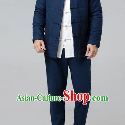 Top Chinese National Tang Suits Flax Frock Costume, Martial Arts Kung Fu Front Opening Purplish Blue Coats, Kung fu Plate Buttons Unlined Upper Garment Lay Buddhist Suit, Chinese Taichi Cotton-Padded Short Coats Wushu Clothing for Men