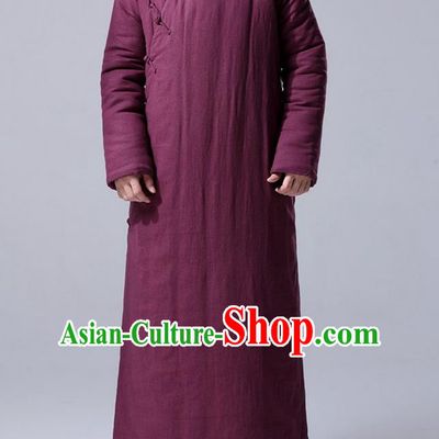 Traditional Top Chinese National Tang Suits Flax Frock Costume, Martial Arts Kung Fu Front Slant Fuchsia Teacher Coats, Kung fu Plate Buttons Unlined Upper Garment Robes, Chinese Taichi Cotton-Padded Robe Dust Coats Wushu Clothing for Men