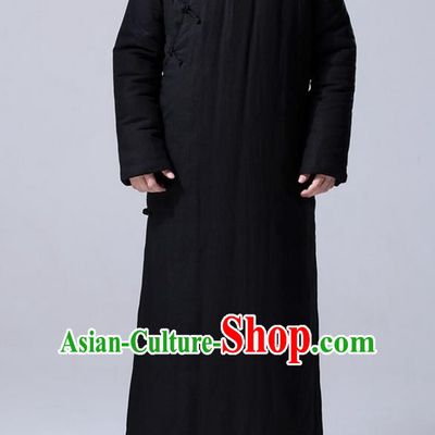 Traditional Top Chinese National Tang Suits Flax Frock Costume, Martial Arts Kung Fu Front Slant Black Teacher Coats, Kung fu Plate Buttons Unlined Upper Garment Robes, Chinese Taichi Cotton-Padded Robe Dust Coats Wushu Clothing for Men