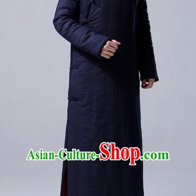 Traditional Top Chinese National Tang Suits Flax Frock Costume, Martial Arts Kung Fu Front Slant Purplish Blue Teacher Coats, Kung fu Plate Buttons Unlined Upper Garment Robes, Chinese Taichi Cotton-Padded Robe Dust Coats Wushu Clothing for Men