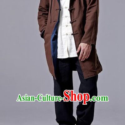Traditional Top Chinese National Tang Suits Flax Frock Costume, Martial Arts Kung Fu Front Opening Double Color Brown Blue Coats, Kung fu Plate Buttons Unlined Upper Garment Hooded Robes, Chinese Taichi Double Side Dust Coats Wushu Clothing for Men