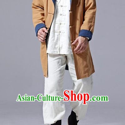 Traditional Top Chinese National Tang Suits Flax Frock Costume, Martial Arts Kung Fu Front Opening Double Color Turmeric Navy Coats, Kung fu Plate Buttons Unlined Upper Garment Hooded Robes, Chinese Taichi Double Side Dust Coats Wushu Clothing for Men