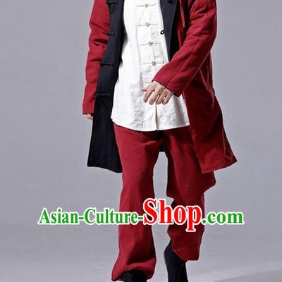 Traditional Top Chinese National Tang Suits Flax Frock Costume, Martial Arts Kung Fu Front Opening Double Color Black Red Coats, Kung fu Plate Buttons Unlined Upper Garment Hooded Robes, Chinese Taichi Double Side Dust Coats Wushu Clothing for Men