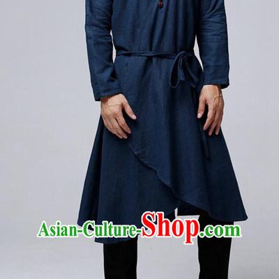 Traditional Top Chinese National Tang Suits Flax Frock Costume, Martial Arts Kung Fu Purplish Blue Cardigan, Kung fu Unlined Upper Garment, Chinese Taichi Dust Coats Wushu Clothing for Men