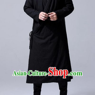 Traditional 	 Top Chinese National Tang Suits Flax Frock Costume, Martial Arts Kung Fu Slant Opening Black Hanfu Long Gown, Kung fu Plate Buttons Unlined Upper Garment Coat, Chinese Taichi Cotton-Padded Robes Wushu Clothing for Men