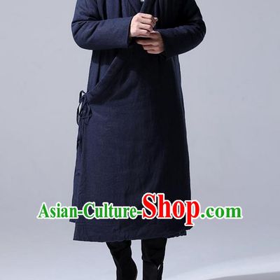 Traditional 	 Top Chinese National Tang Suits Flax Frock Costume, Martial Arts Kung Fu Slant Opening Navy Hanfu Long Gown, Kung fu Plate Buttons Unlined Upper Garment Coat, Chinese Taichi Cotton-Padded Robes Wushu Clothing for Men