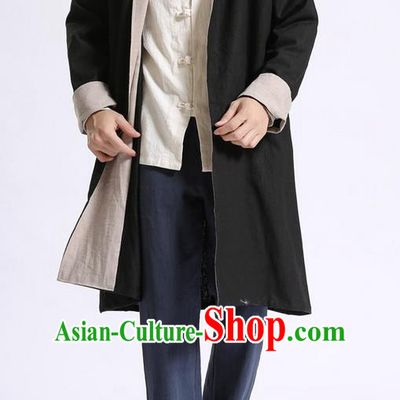 Traditional Top Chinese National Tang Suits Flax Frock Costume, Martial Arts Kung Fu Beige Lapel Double-sided Black-Gray Cardigan, Kung fu Unlined Upper Garment Cloak, Chinese Taichi Dust Coats Wushu Clothing for Men