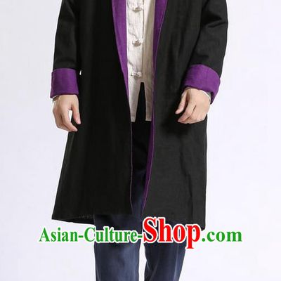 Traditional Top Chinese National Tang Suits Flax Frock Costume, Martial Arts Kung Fu Beige Lapel Double-sided Black-Violet Cardigan, Kung fu Unlined Upper Garment Cloak, Chinese Taichi Dust Coats Wushu Clothing for Men
