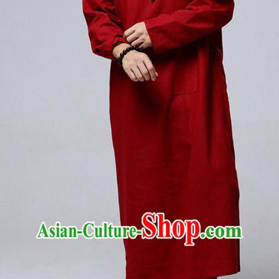 Traditional Top Chinese National Tang Suits Flax Frock Costume, Martial Arts Kung Fu Red Long Zen Suit, Kung fu Unlined Upper Garment Hooded Robes, Chinese Taichi Hooded Gown Coats Wushu Clothing for Men
