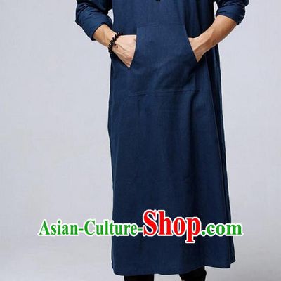 Traditional Top Chinese National Tang Suits Flax Frock Costume, Martial Arts Kung Fu Blue Long Zen Suit, Kung fu Unlined Upper Garment Hooded Robes, Chinese Taichi Hooded Gown Coats Wushu Clothing for Men