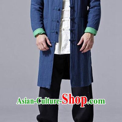 Traditional Top Chinese National Tang Suits Flax Frock Costume, Martial Arts Kung Fu Front Opening Blue Wool Coats, Kung fu Plate Buttons Unlined Upper Garment Jacket Robes, Chinese Taichi Dust Coats Wushu Clothing for Men