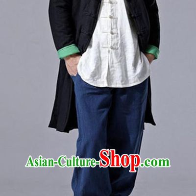 Traditional Top Chinese National Tang Suits Flax Frock Costume, Martial Arts Kung Fu Front Opening Black Wool Coats, Kung fu Plate Buttons Unlined Upper Garment Jacket Robes, Chinese Taichi Dust Coats Wushu Clothing for Men