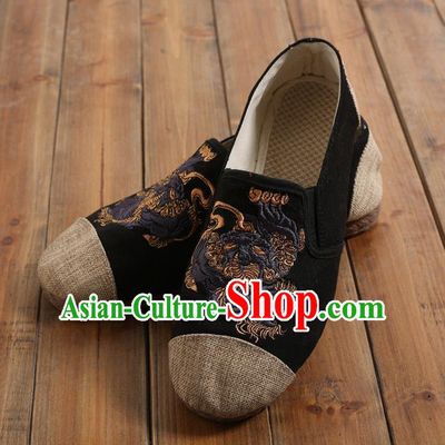Traditional Top Chinese National Flax Frock Shoes, Martial Arts Kung Fu Embroidered Kylin Cloth Shoes, Kung fu Chinese Taichi Shoes for Men