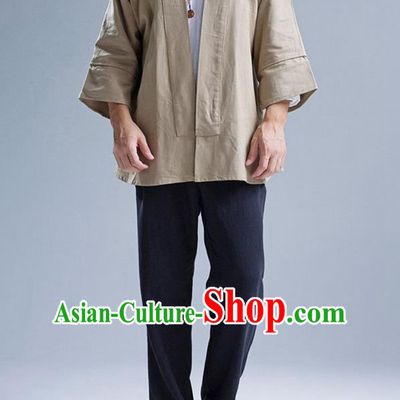 Traditional Top Chinese National Tang Suits Flax Frock Costume, Martial Arts Kung Fu Wheat Short Cardigan, Kung fu Unlined Upper Garment Zen Coat, Chinese Taichi Coats Wushu Clothing for Men