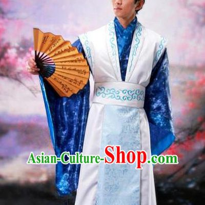 Traditional Ancient Chinese Nobility Childe Costume, Chinese Scholar Hanfu Dress Chinese Tang Dynasty Imperial Prince Embroidered Blue Clothing for Men