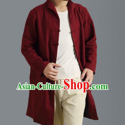 Traditional Top Chinese National Tang Suits Linen Frock Costume, Martial Arts Kung Fu Front Opening Stand Collar Wine Red Coats, Kung fu Plate Buttons Side Slit Robes, Chinese Taichi Dust Coats Wushu Clothing for Men
