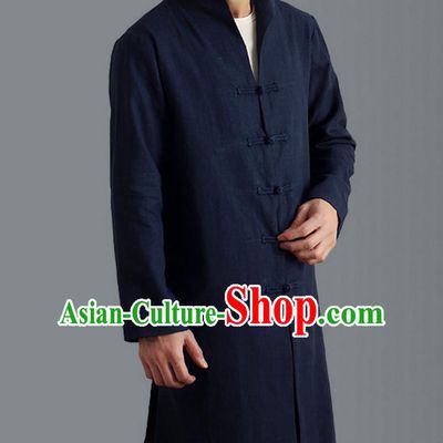 Traditional Top Chinese National Tang Suits Linen Frock Costume, Martial Arts Kung Fu Front Opening Stand Collar Blue Coats, Kung fu Plate Buttons Side Slit Robes, Chinese Taichi Dust Coats Wushu Clothing for Men