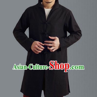 Traditional Top Chinese National Tang Suits Linen Frock Costume, Martial Arts Kung Fu Front Opening Stand Collar Black Coats, Kung fu Plate Buttons Side Slit Robes, Chinese Taichi Dust Coats Wushu Clothing for Men
