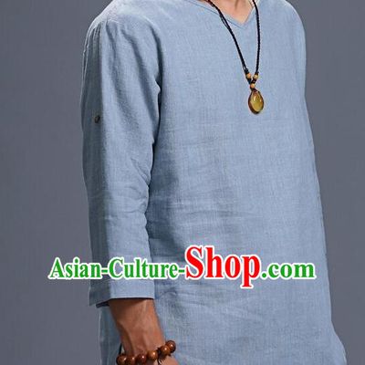 Traditional Top Chinese National Tang Suits Linen Frock Costume, Martial Arts Kung Fu Three Quarter Sleeve Light Blue T-Shirt, Kung fu Unlined Upper Garment, Chinese Taichi Shirts Wushu Clothing for Men