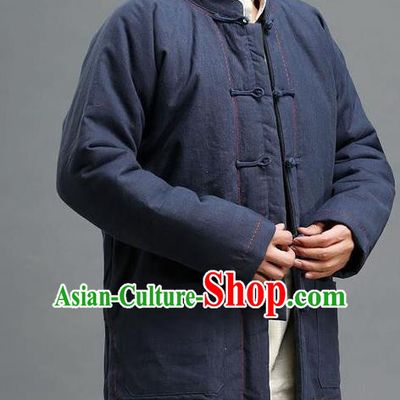 Traditional 	Top Chinese National Tang Suits Linen Costume, Martial Arts Kung Fu Front Opening Embroidery Threads Blue Coats, Kung fu Plate Buttons Cotton-Padded Jacket, Chinese Taichi Cotton-Padded Short Coats Wushu Clothing for Men