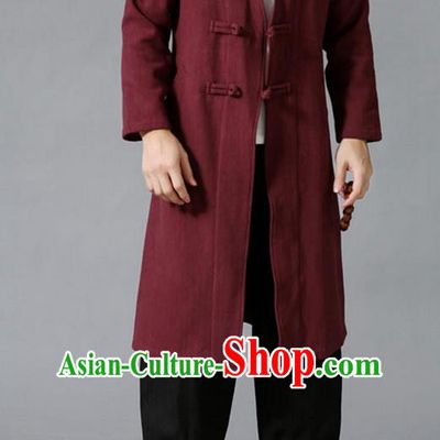 Traditional 	Top Chinese National Tang Suits Linen Costume, Martial Arts Kung Fu Front Opening Dark Red Coats, Kung fu Plate Buttons Jacket, Chinese Taichi Dust Coats Wushu Clothing for Men