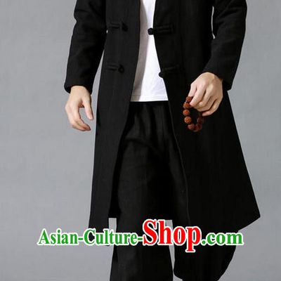 Traditional 	Top Chinese National Tang Suits Linen Costume, Martial Arts Kung Fu Front Opening Black Coats, Kung fu Plate Buttons Jacket, Chinese Taichi Dust Coats Wushu Clothing for Men