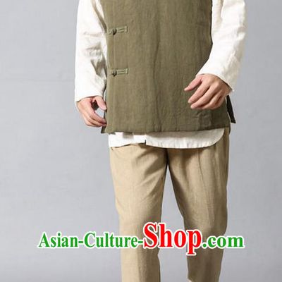 Traditional Top Chinese National Tang Suits Linen Frock Costume, Martial Arts Kung Fu Slant Opening Olive Green Vests, Kung fu Plate Buttons Waistcoat, Chinese Taichi Cotton-Padded Vest Wushu Clothing for Men