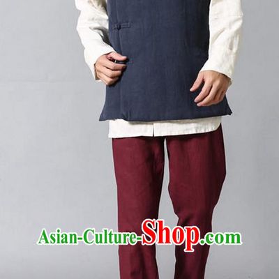 Traditional Top Chinese National Tang Suits Linen Frock Costume, Martial Arts Kung Fu Slant Opening Blue Vests, Kung fu Plate Buttons Waistcoat, Chinese Taichi Cotton-Padded Vest Wushu Clothing for Men