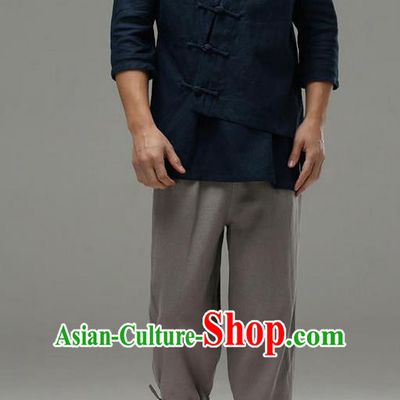 Traditional Top Chinese National Tang Suits Linen Frock Costume, Martial Arts Kung Fu Slant Opening Sleeve Navy Blouse, Kung fu Plate Buttons Unlined Upper Garment, Chinese Taichi Shirts Wushu Clothing for Men