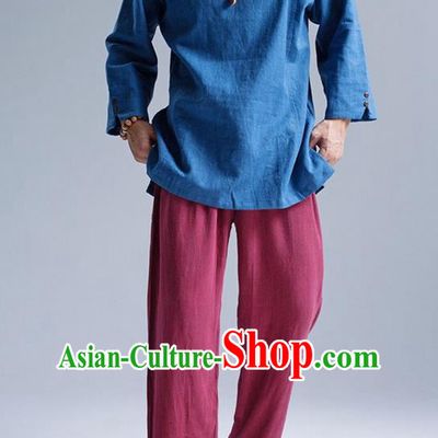 Traditional Top Chinese National Tang Suits Linen Frock Costume, Martial Arts Kung Fu Long Sleeve Light Blue T-Shirt, Kung fu Upper Outer Garment, Chinese Taichi Shirts Wushu Clothing for Men