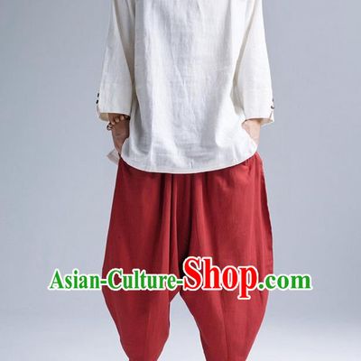 Traditional Top Chinese National Tang Suits Linen Frock Costume, Martial Arts Kung Fu Long Sleeve White T-Shirt, Kung fu Upper Outer Garment, Chinese Taichi Shirts Wushu Clothing for Men