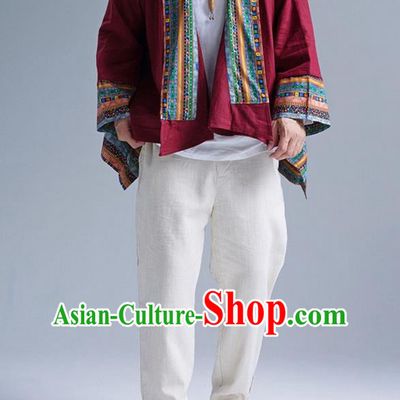 Traditional Top Chinese Yunnan Ethnic Tang Suits Linen Frock Costume, Martial Arts Kung Fu Lacy Red Cardigan, Kung fu Thin Upper Outer Garment, Chinese Taichi Thin Coats Wushu Clothing for Men