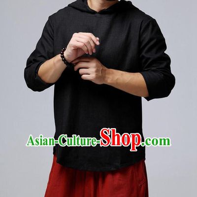 Traditional Top Chinese National Tang Suits Linen Frock Costume, Martial Arts Kung Fu Long Sleeve Black Hooded T-Shirt, Kung fu Upper Outer Garment, Chinese Taichi Shirts Wushu Clothing for Men