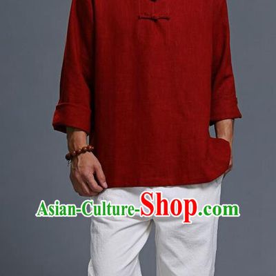 Traditional Top Chinese National Tang Suits Linen Frock Costume, Martial Arts Kung Fu Long Sleeve Red T-Shirt, Kung fu Plate Buttons Upper Outer Garment, Chinese Taichi Shirts Wushu Clothing for Men