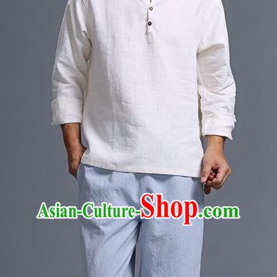 Traditional Top Chinese National Tang Suits Linen Frock Costume, Martial Arts Kung Fu Long Sleeve White T-Shirt, Kung fu Wood Button Upper Outer Garment, Chinese Taichi Shirts Wushu Clothing for Men