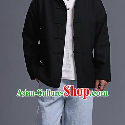 Traditional Top Chinese National Tang Suits Linen Costume, Martial Arts Kung Fu Front Opening Black Coats, Kung fu Plate Buttons Jacket, Chinese Taichi Short Coats Wushu Clothing for Men