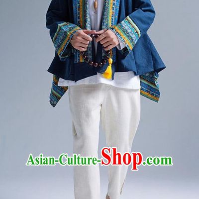Traditional Top Chinese Yunnan Ethnic Tang Suits Linen Frock Costume, Martial Arts Kung Fu Lacy Blue Cardigan, Kung fu Thin Upper Outer Garment, Chinese Taichi Thin Coats Wushu Clothing for Men