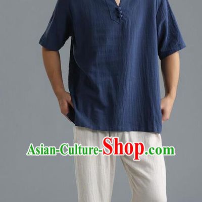 Traditional Top Chinese National Tang Suits Linen Frock Costume, Martial Arts Kung Fu Short Sleeve Blue T-Shirt, Kung fu Unlined Upper Garment, Chinese Taichi Shirts Wushu Clothing for Men