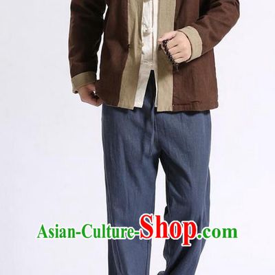 Traditional Top Chinese National Tang Suits Linen Frock Costume, Martial Arts Kung Fu Front Opening Double Color Brown Blue Coats, Kung fu Upper Outer Garment, Chinese Taichi Double Side Short Coats Wushu Clothing for Men
