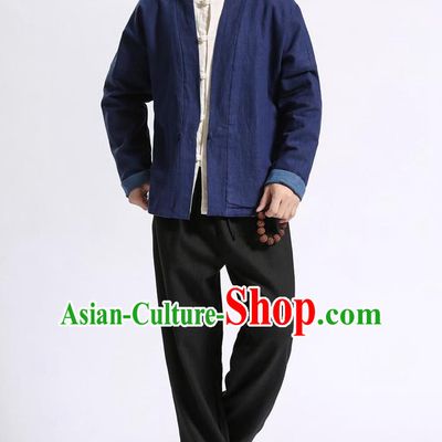 Traditional Top Chinese National Tang Suits Linen Frock Costume, Martial Arts Kung Fu Front Opening Double Color Blue Coats, Kung fu Upper Outer Garment, Chinese Taichi Double Side Short Coats Wushu Clothing for Men