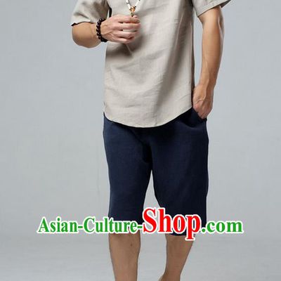 Traditional Top Chinese National Tang Suits Linen Frock Costume, Martial Arts Kung Fu Short Sleeve Grey T-Shirt, Kung fu Plate Buttons Upper Outer Garment, Chinese Taichi Shirts Wushu Clothing for Men