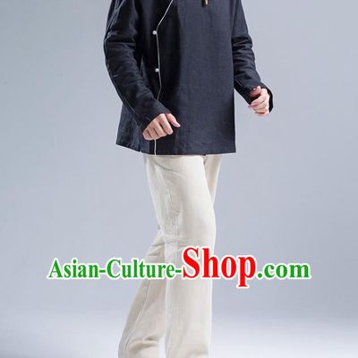 Traditional Top Chinese National Tang Suits Linen Frock Costume, Martial Arts Kung Fu Slant Opening Black Jacket Shirt, Kung fu Jade Buckle Thin Upper Outer Garment Blouse, Chinese Taichi Thin Coats Wushu Clothing for Men