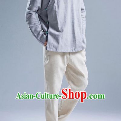 Traditional Top Chinese National Tang Suits Linen Frock Costume, Martial Arts Kung Fu Slant Opening Grey Jacket Shirt, Kung fu Jade Buckle Thin Upper Outer Garment Blouse, Chinese Taichi Thin Coats Wushu Clothing for Men